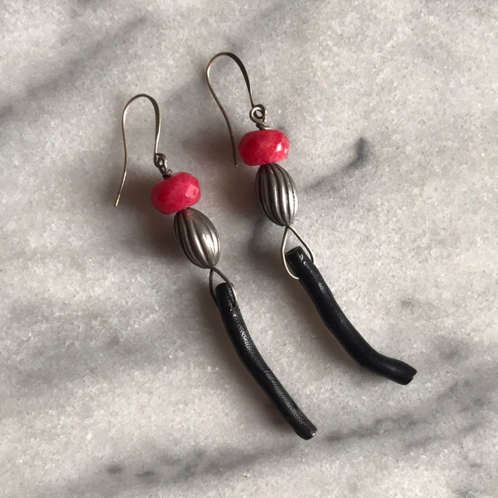 Maui Black Coral and Ruby Silver Dangle Earrings